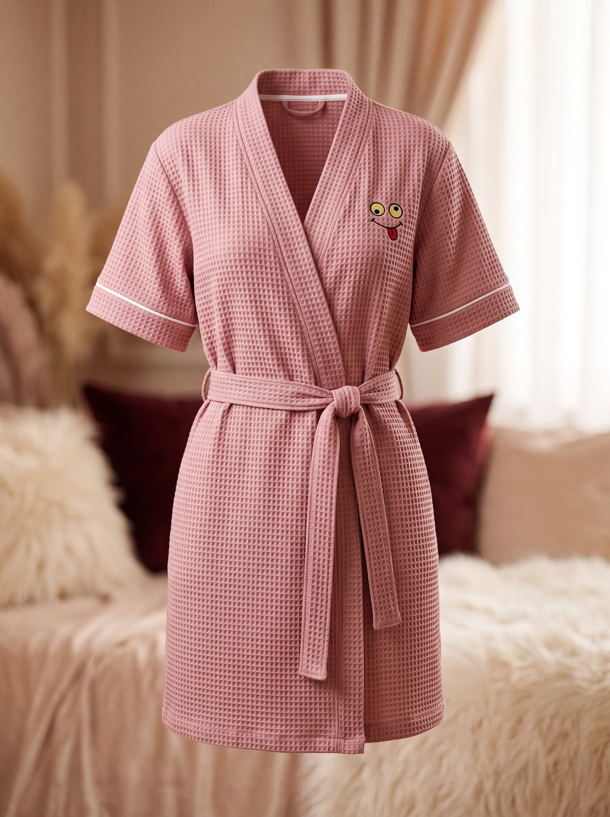 Peignoir court rose gaufré, coupe portefeuille et ceinture à nouer