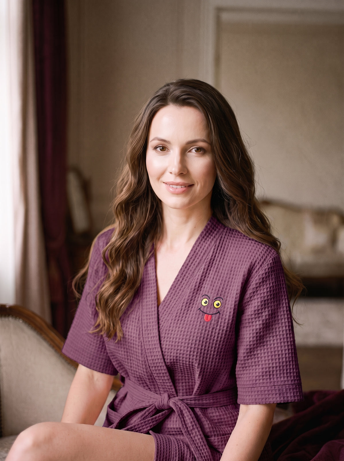 Femme souriante portant le peignoir court violet gaufré à manches courtes