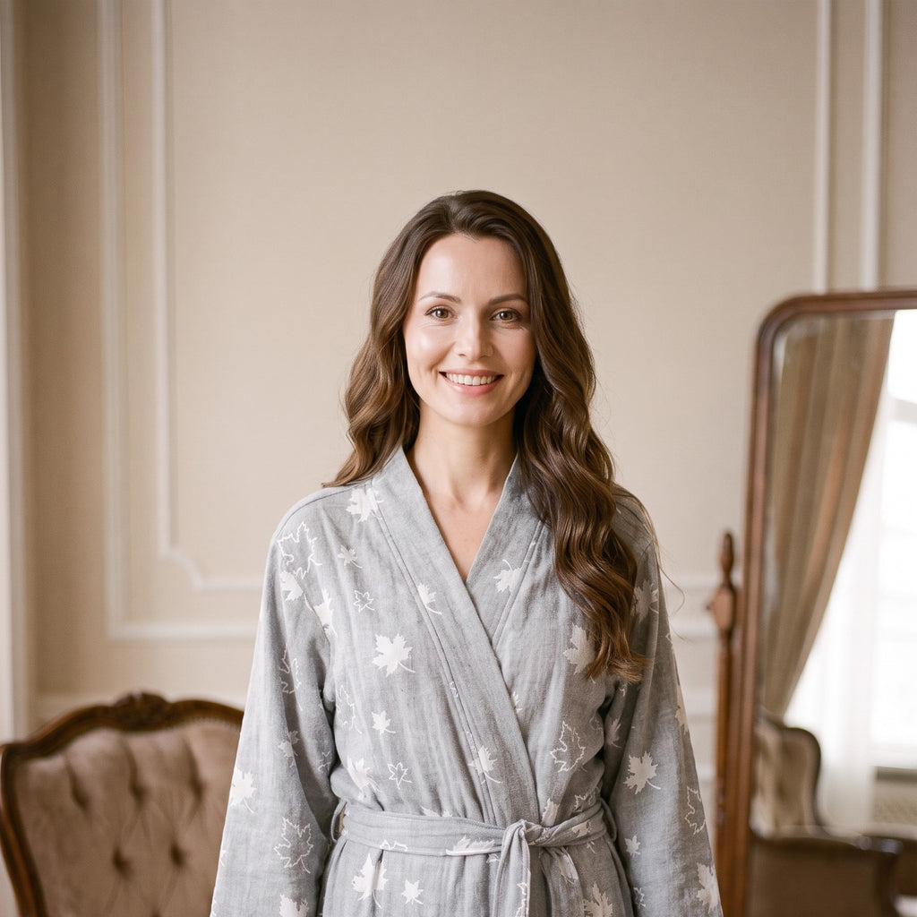 Gros plan sur le visage souriant du modele et le col kimono du peignoir gris a motifs feuilles