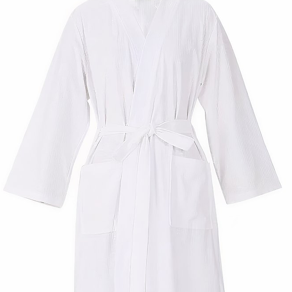 Col croisé, ceinture, poches et manches du peignoir de bain blanc unisexe