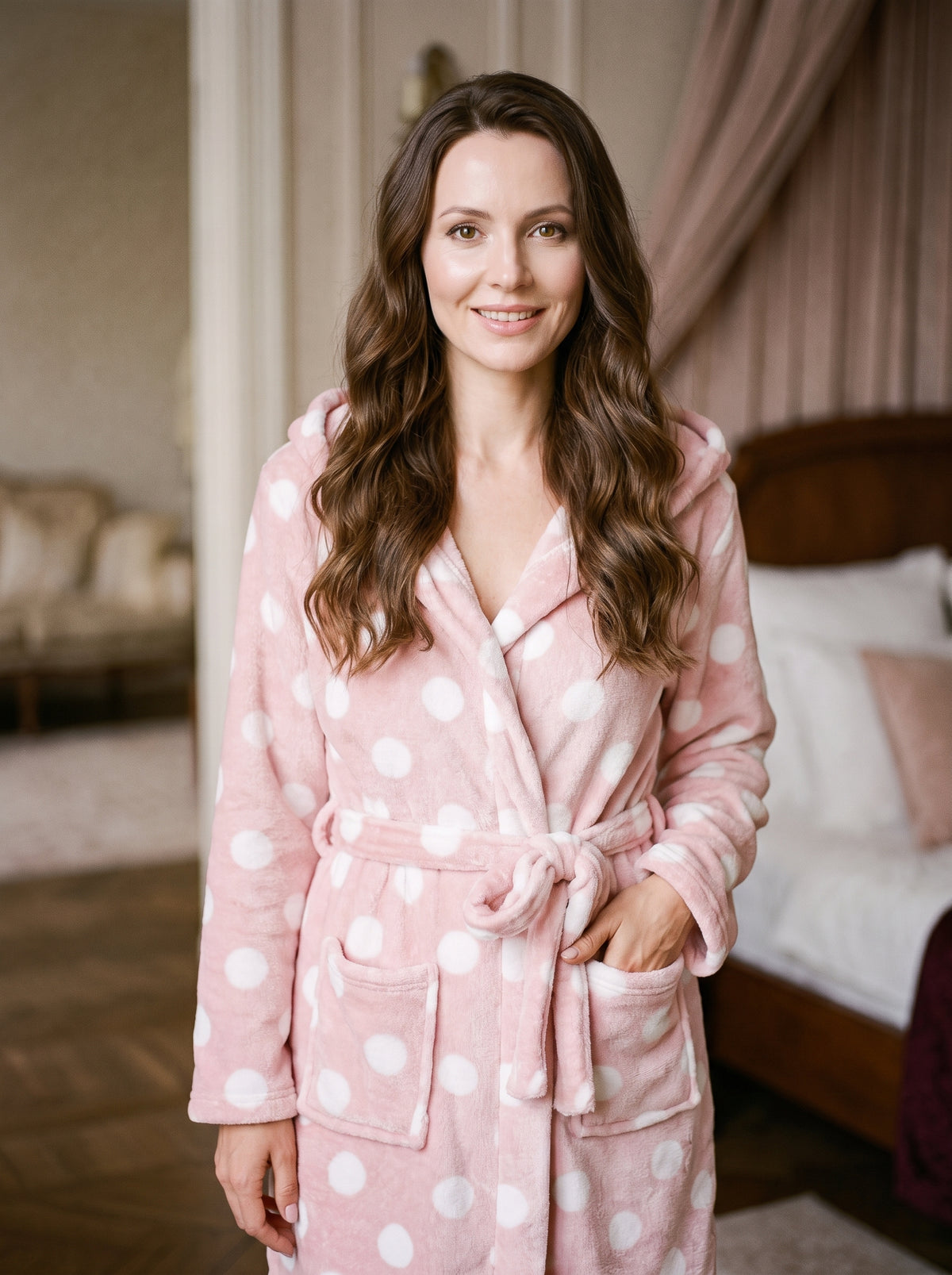 Femme souriante portant le peignoir rose à pois blancs et capuche