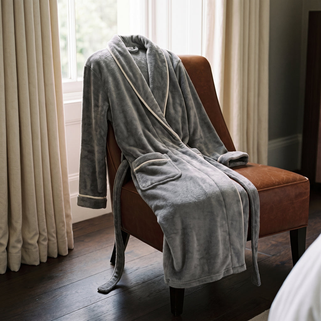 Peignoir de bain homme gris drapé sur un fauteuil, rituel de la sortie de douche