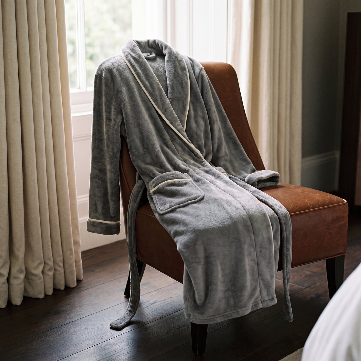 Peignoir de bain homme gris drapé sur un fauteuil, rituel de la sortie de douche