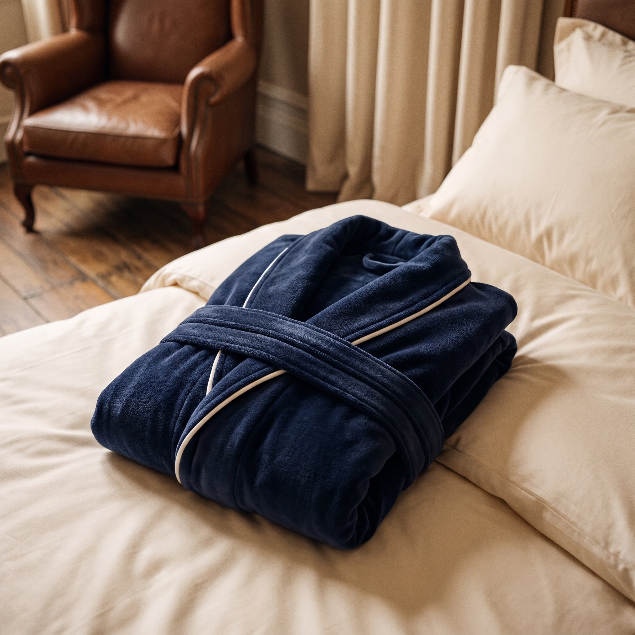 Peignoir de bain homme bleu plié, prêt à offrir, cadeau de douceur Image