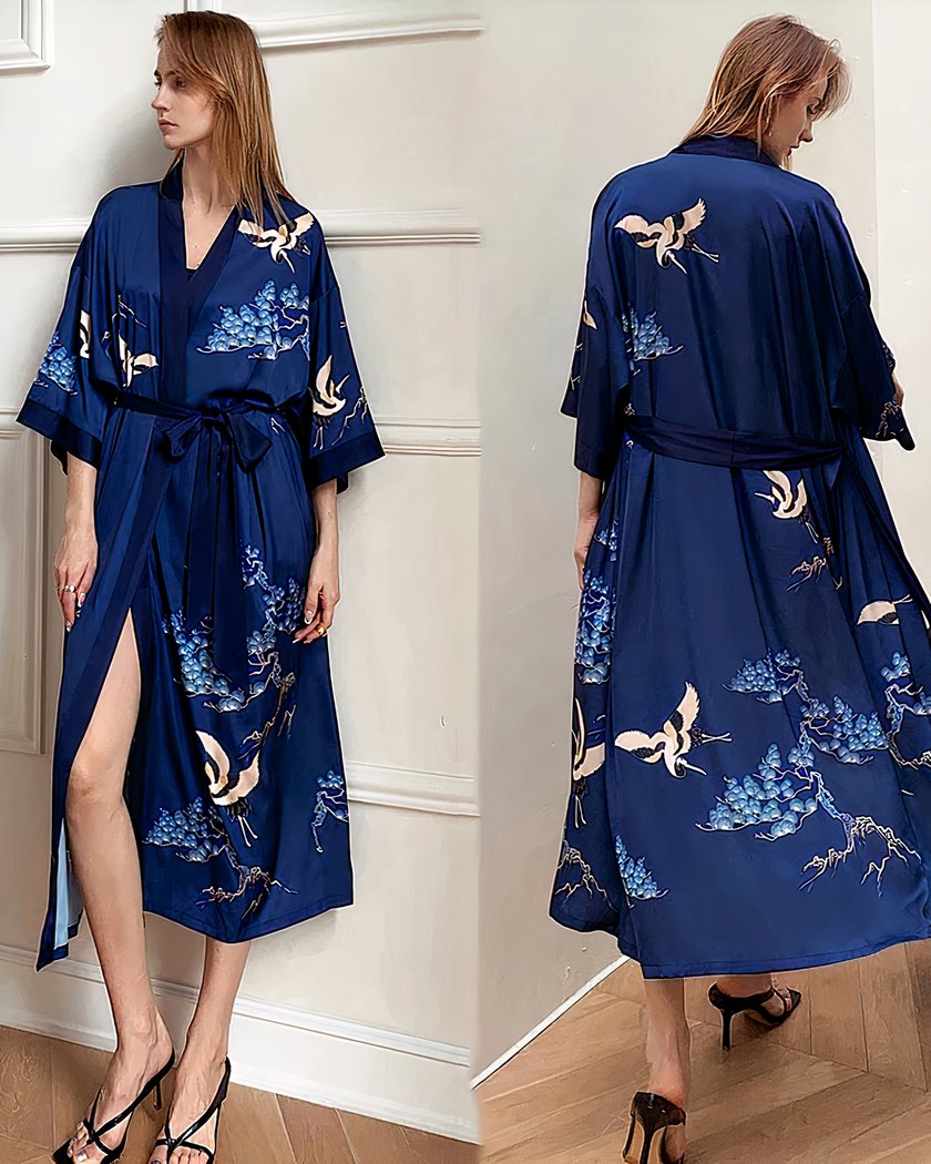 Peignoir Kimono Satin Bleu Marine à Motifs de Grues