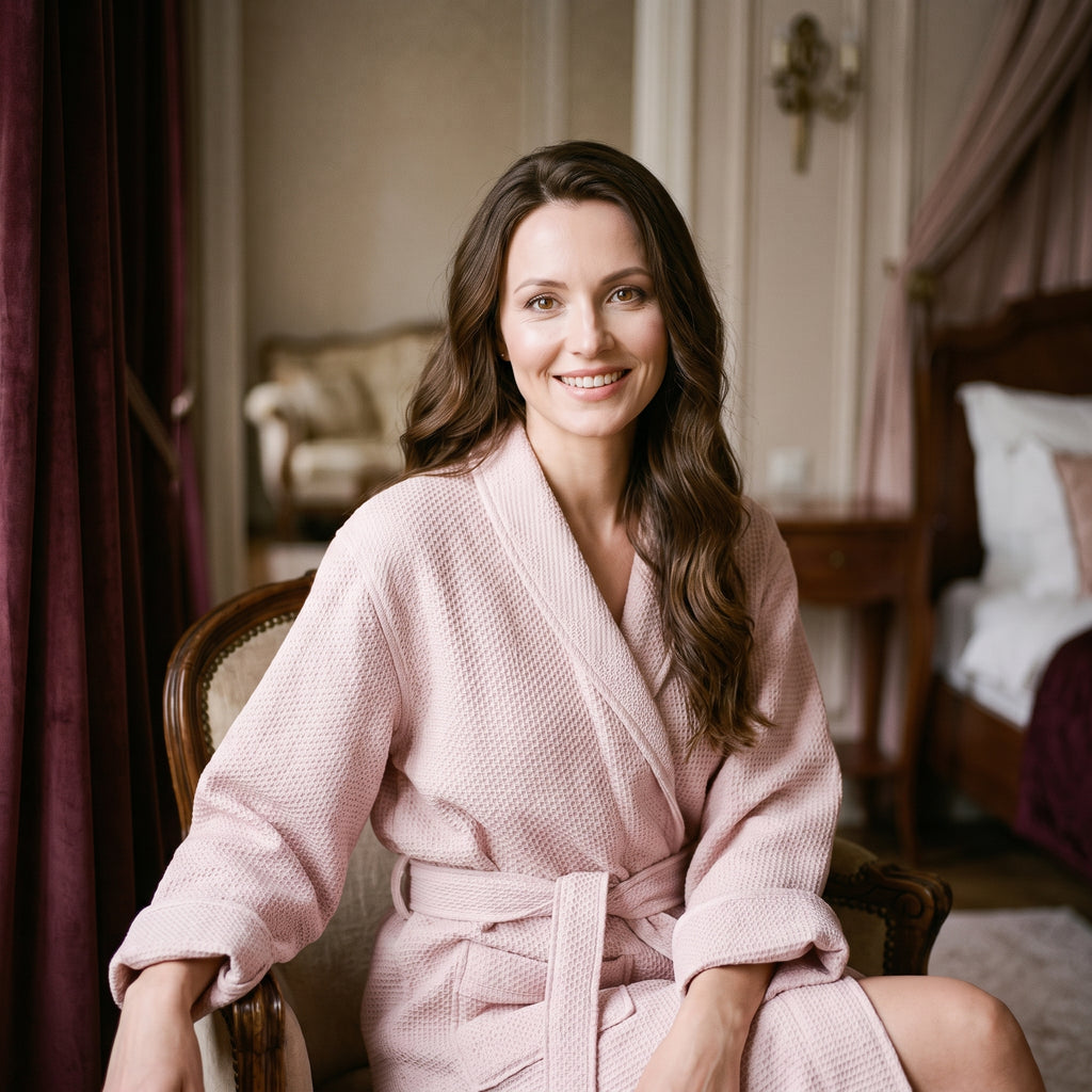 Femme souriante assise avec le peignoir rose gaufré et sa ceinture nouée