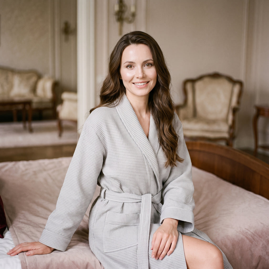 Femme souriante assise avec le peignoir gris gaufré à col châle