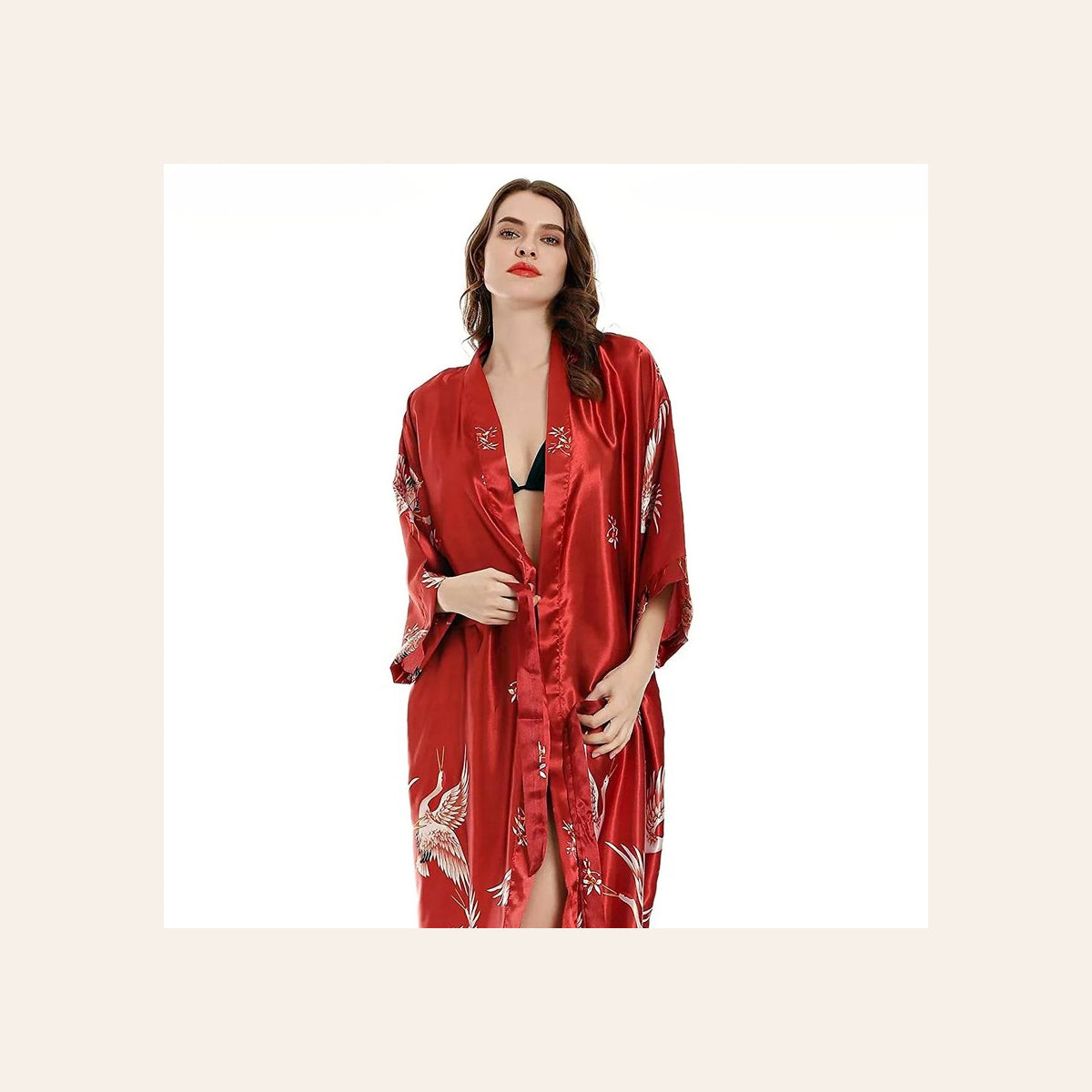 Peignoir kimono rouge à grues porté de face Image