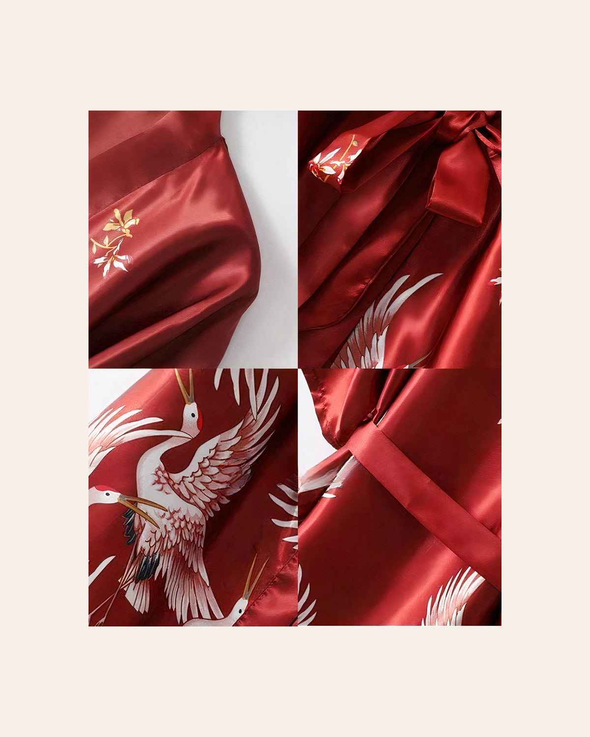 Détails du fini satiné, de la ceinture et des grues du peignoir rouge