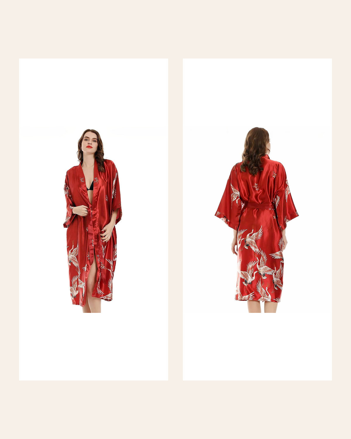 Vues entières de face et de dos du peignoir kimono rouge à motifs de grues