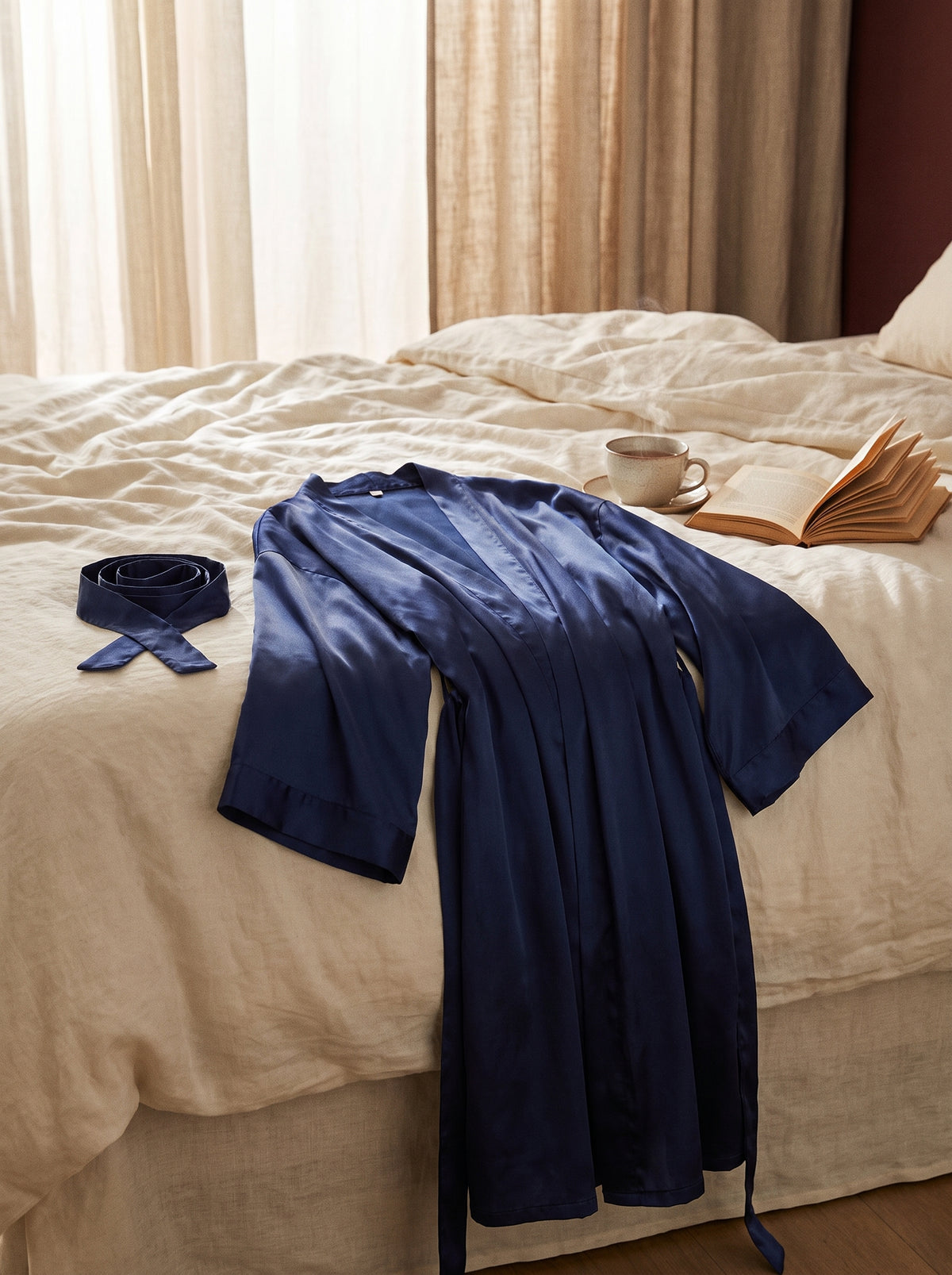 Peignoir kimono bleu marine en satin posé dans un boudoir élégant