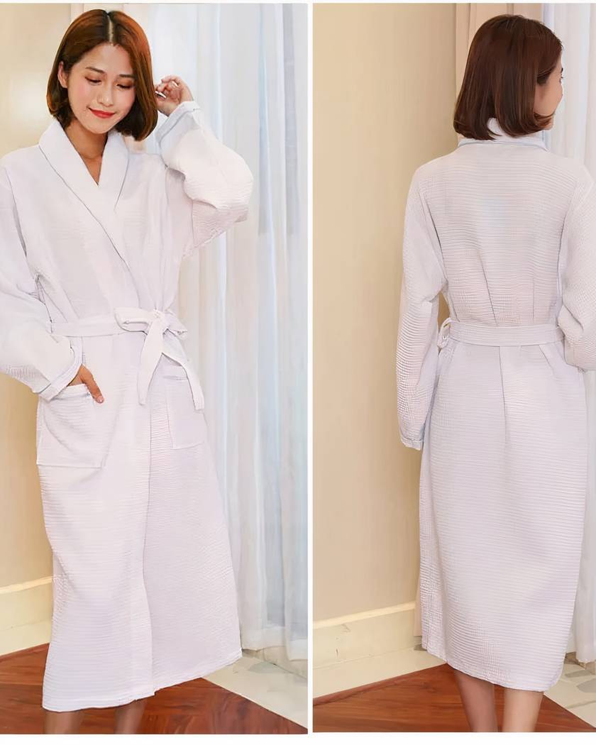 Vues de face et de dos du peignoir blanc long à col rabattu