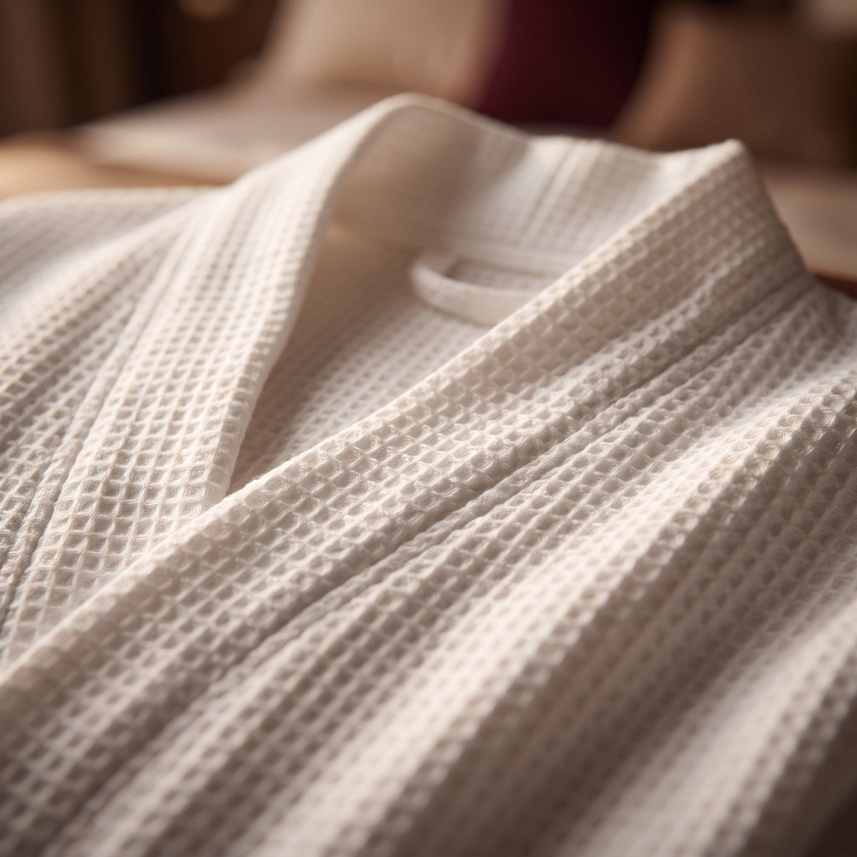 Gros plan sur la texture gaufrée alvéolée du coton nid d'abeille du peignoir blanc