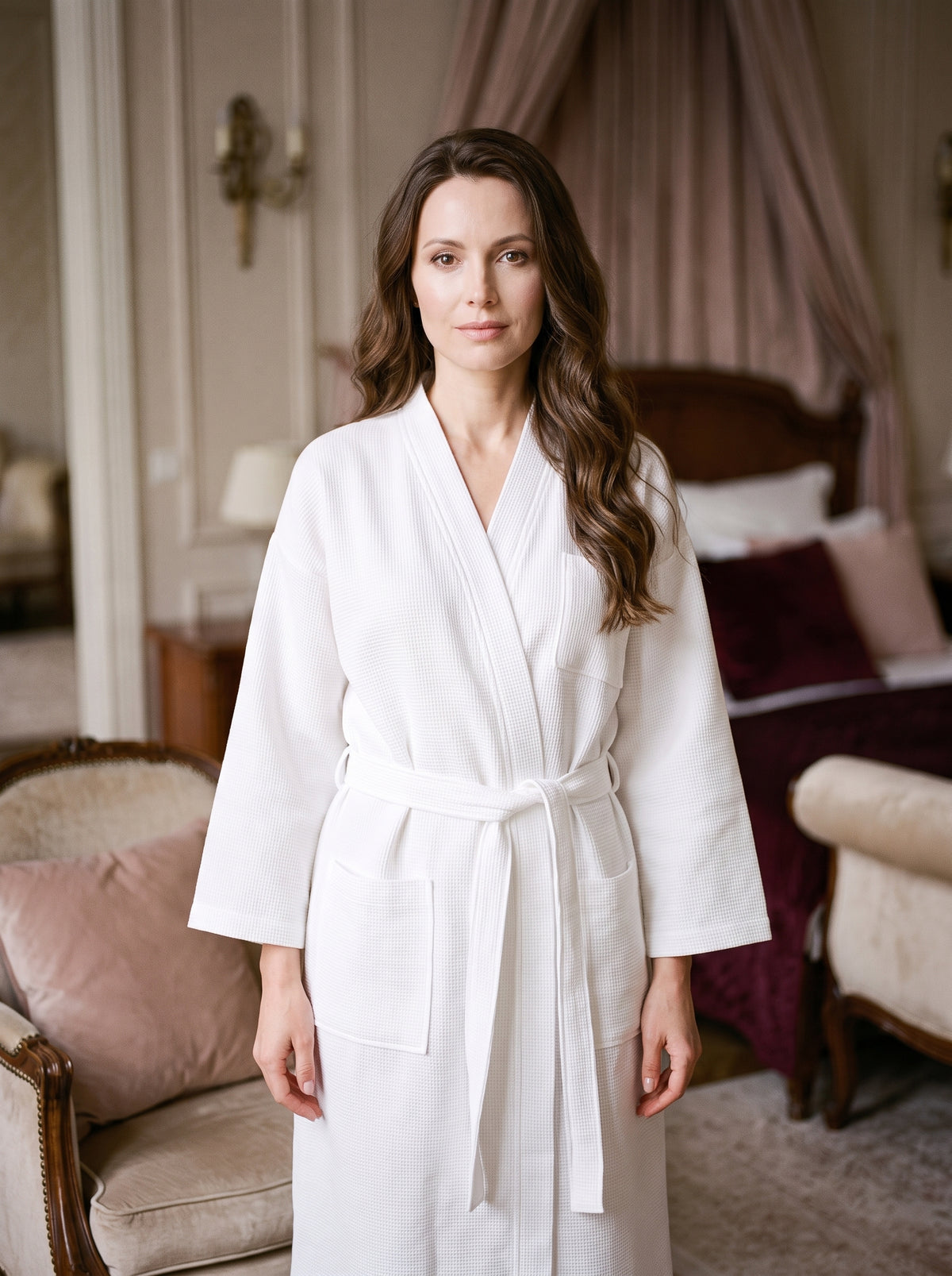 Femme portant le peignoir d'hôtel en coton nid d'abeille blanc, col kimono et trois poches plaquées