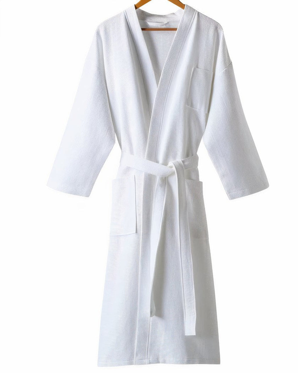 Peignoir d'hôtel blanc en coton nid d'abeille, col kimono, ceinture et poches plaquées