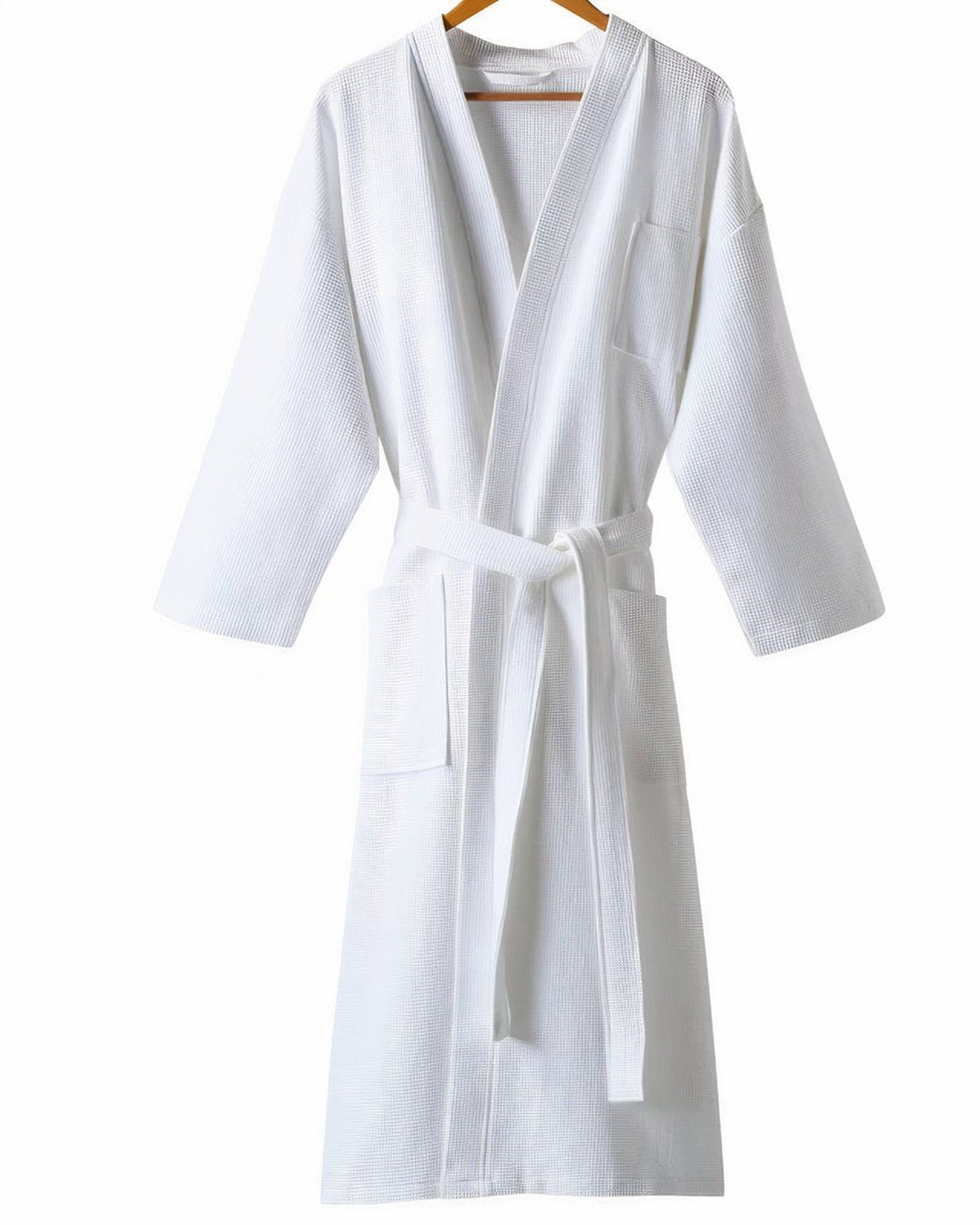 Peignoir d'hôtel blanc en coton nid d'abeille, col kimono, ceinture et poches plaquées