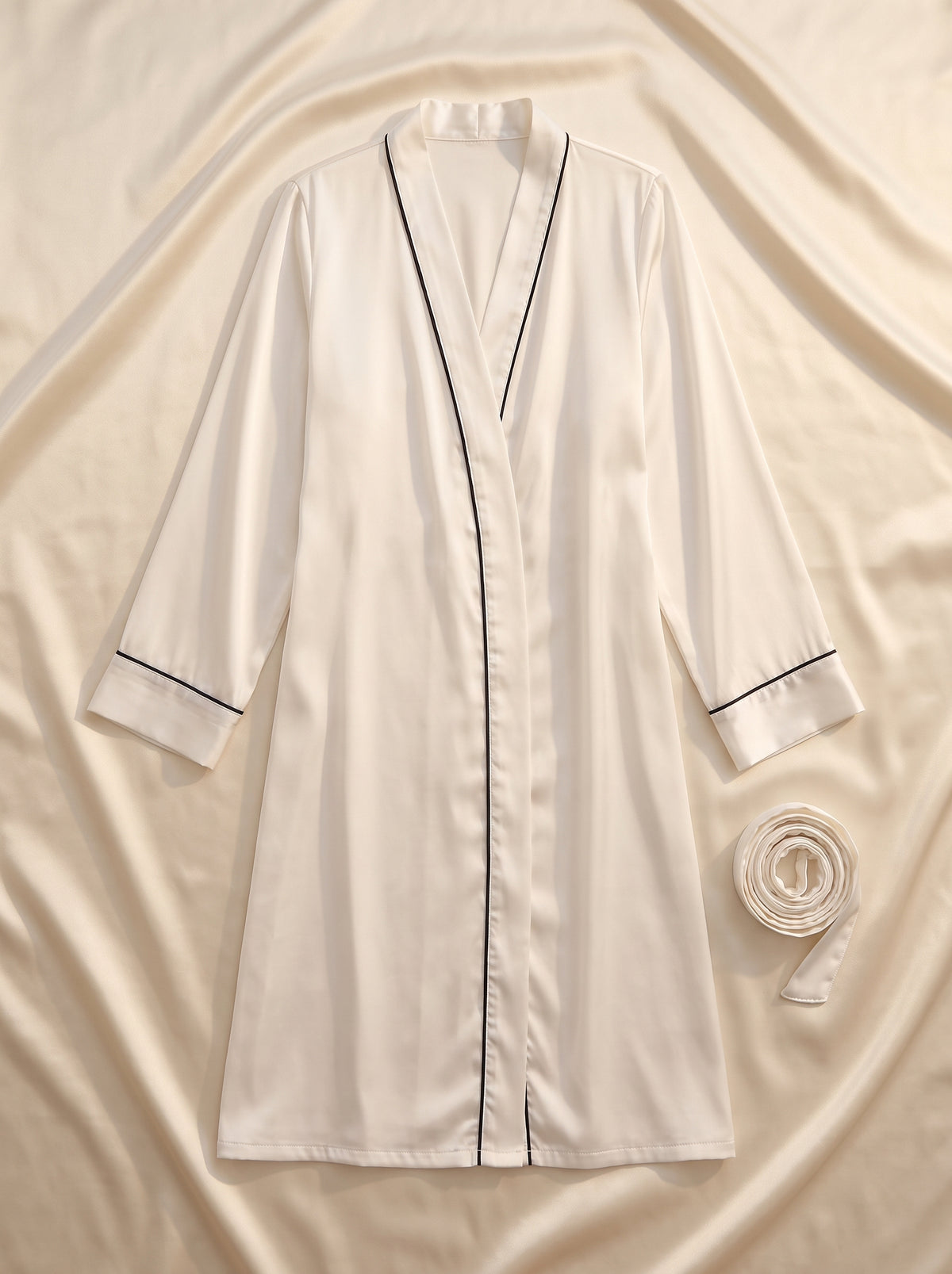Peignoir kimono blanc en satin à plat, ceinture enroulée à côté