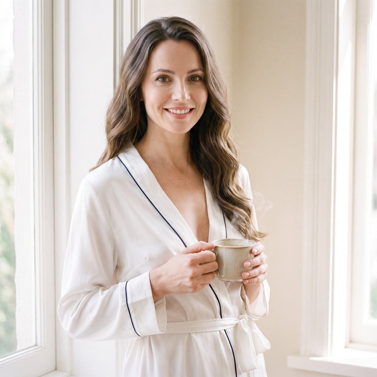 Femme souriante en peignoir kimono blanc, une tasse de café à la main devant la fenêtre Image
