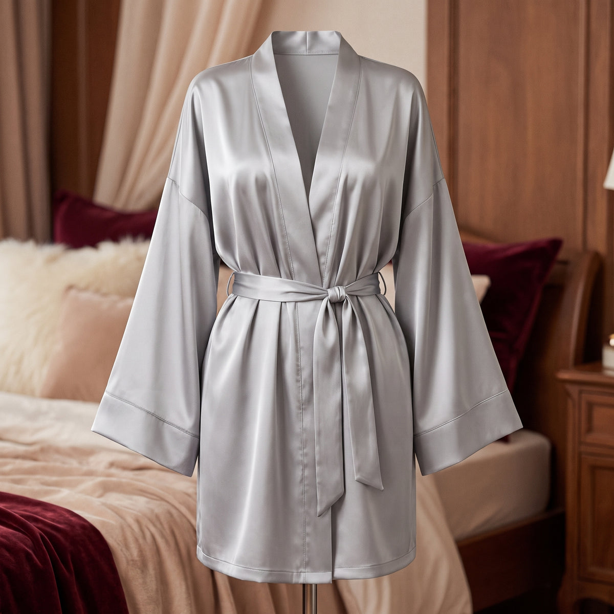 Peignoir kimono gris clair vu de face sur mannequin invisible, ourlet au-dessus du genou