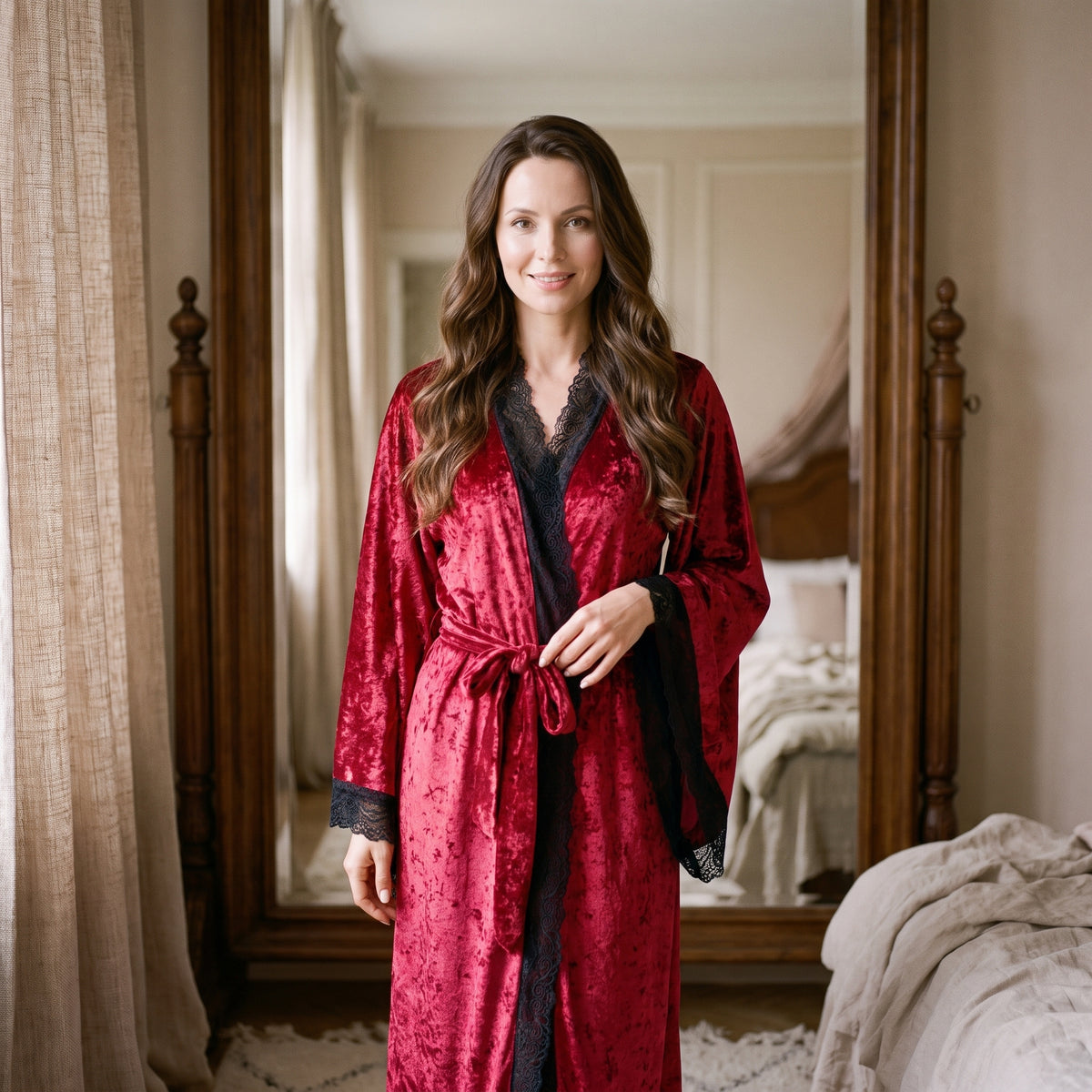 Femme en peignoir kimono rouge en velours devant un grand miroir, une main sur le nœud de la ceinture
