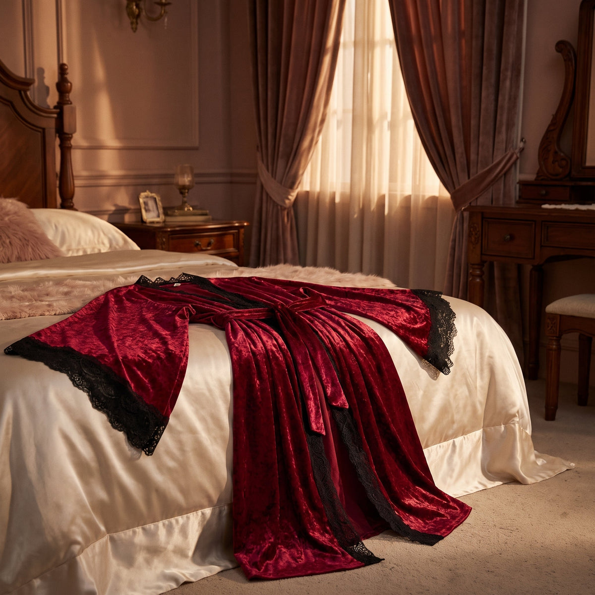 Peignoir kimono rouge en velours déposé sur le lit, manches évasées ouvertes et ceinture nouée