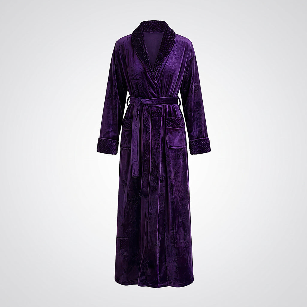 Peignoir long violet unisexe présenté seul, effet mannequin invisible
