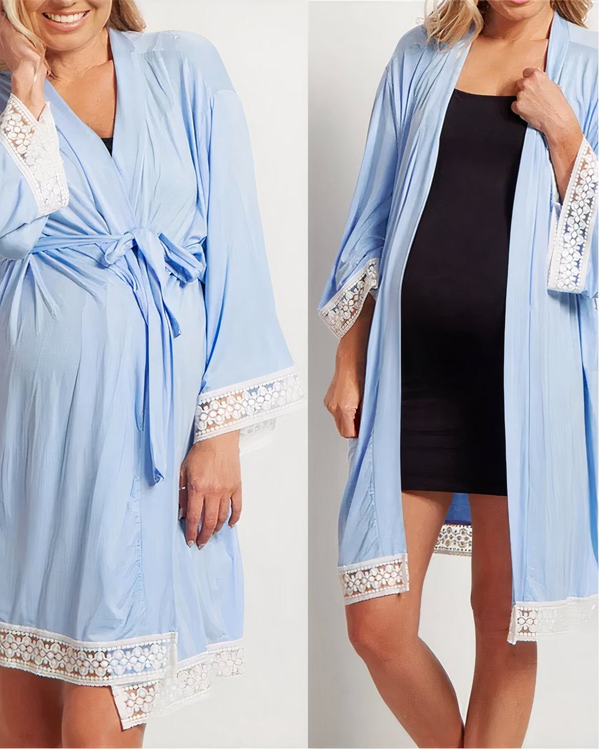 Vues de face du peignoir de maternité bleu ciel, ouvert puis ceinturé