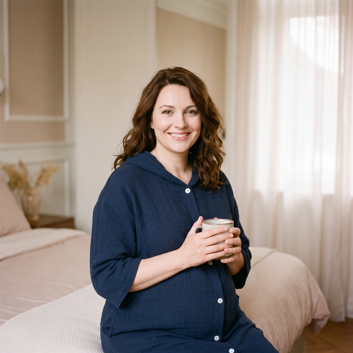Peignoir femme de maternité bleu marine porté avec une tasse au bord du lit