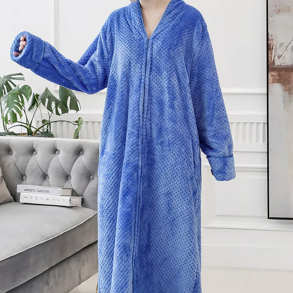 Cadeau de maternité, peignoir polaire bleu long