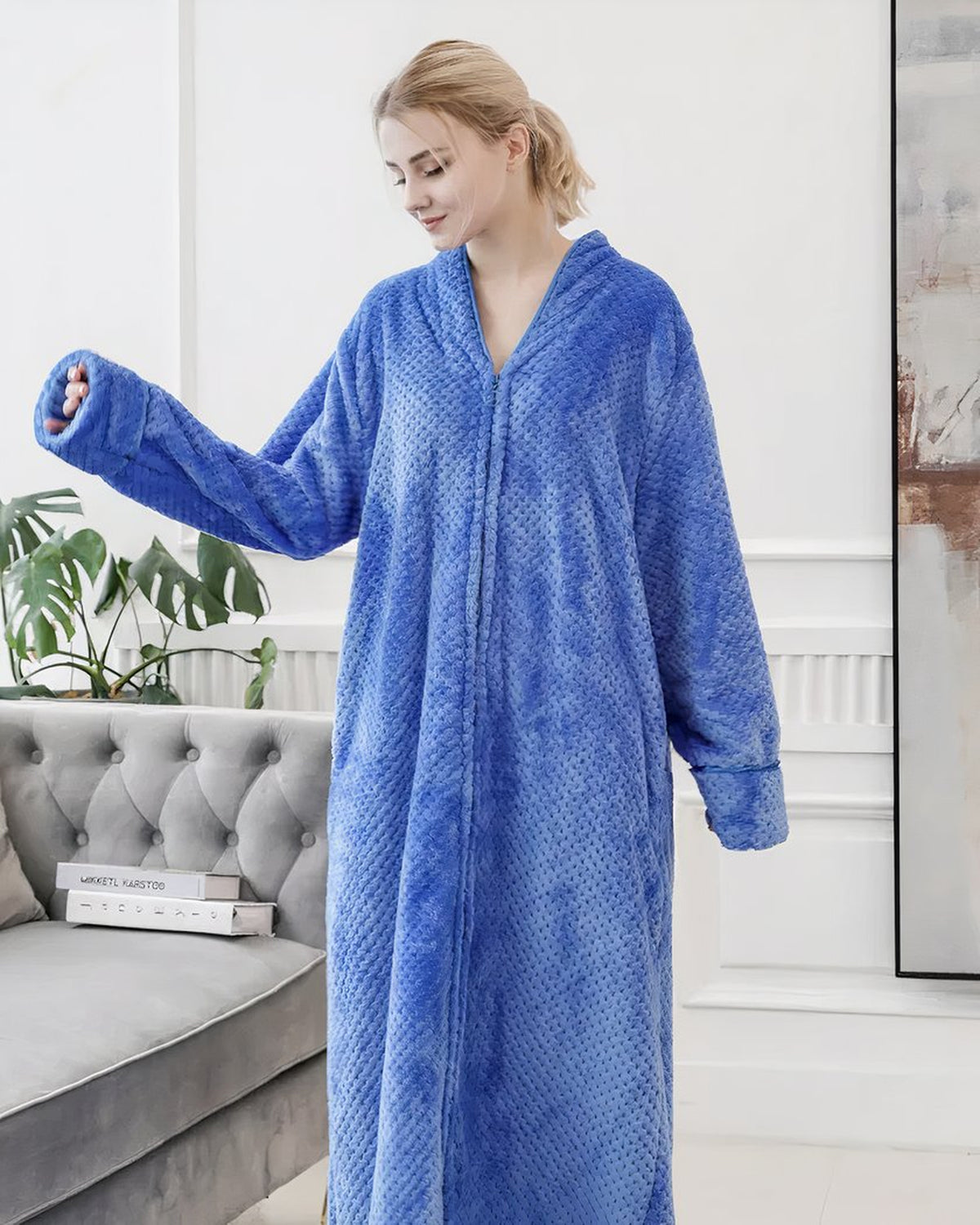Peignoir femme polaire bleu long avec fermeture zippée