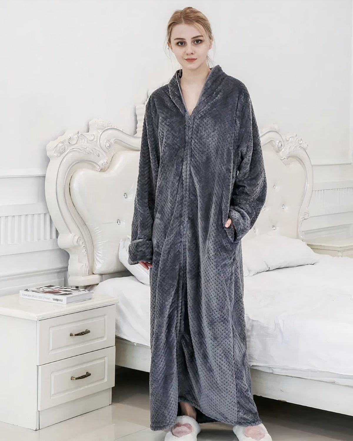Peignoir femme polaire gris long avec fermeture zippée et poches