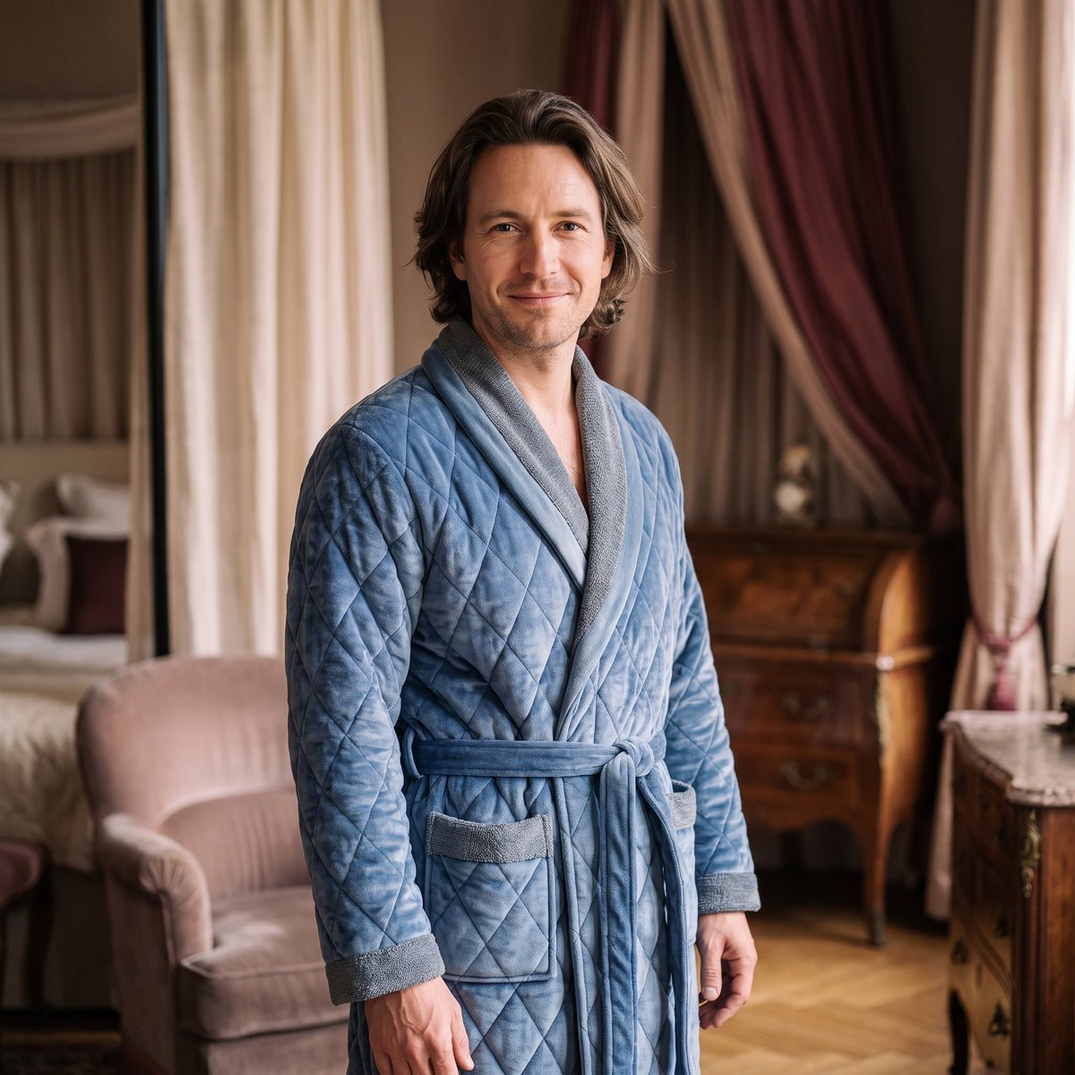 Homme souriant avec le peignoir polaire bleu à poches contrastées