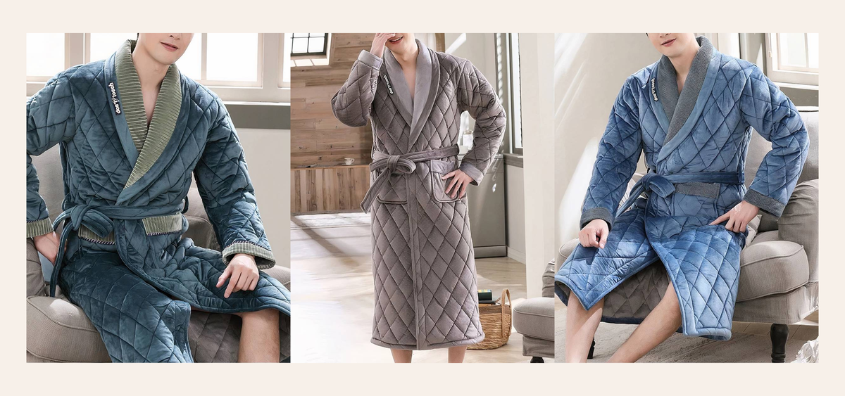 Trois coloris réels du peignoir polaire homme à ceinture