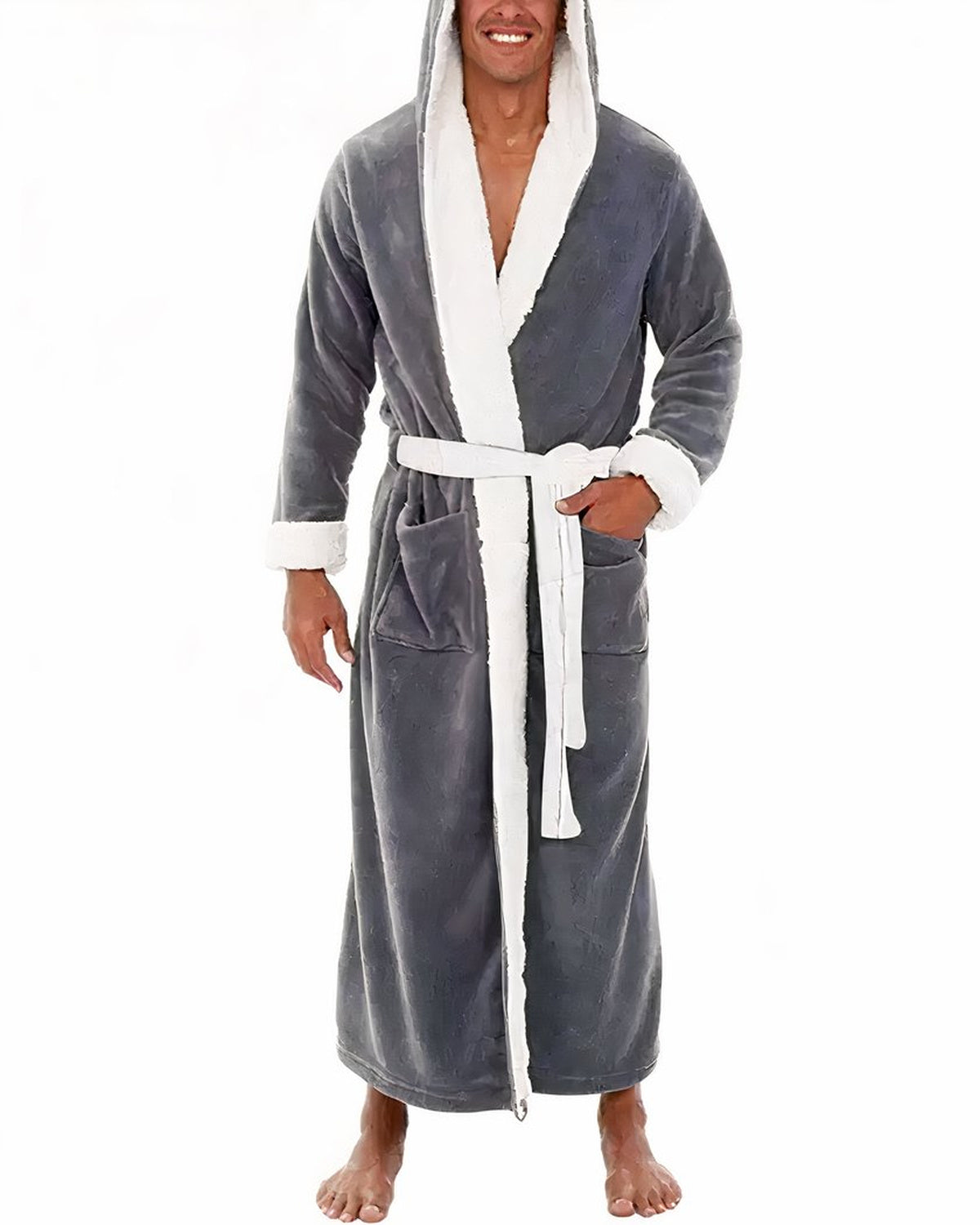 Peignoir polaire homme coloris gris anthracite, capuche et col sherpa