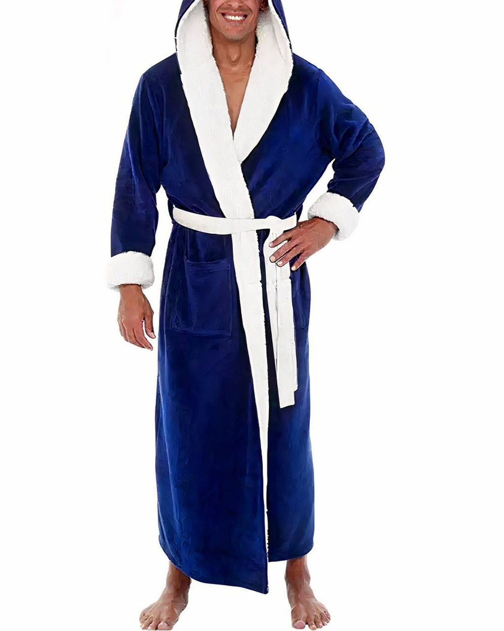 Peignoir polaire homme coloris bleu marine, capuche et col sherpa