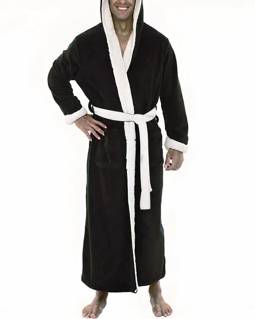 Peignoir polaire homme coloris noir, capuche et col sherpa