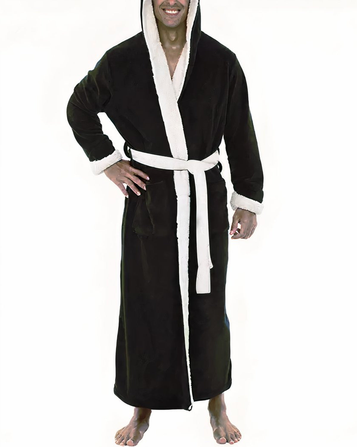 Peignoir polaire homme coloris noir, capuche et col sherpa