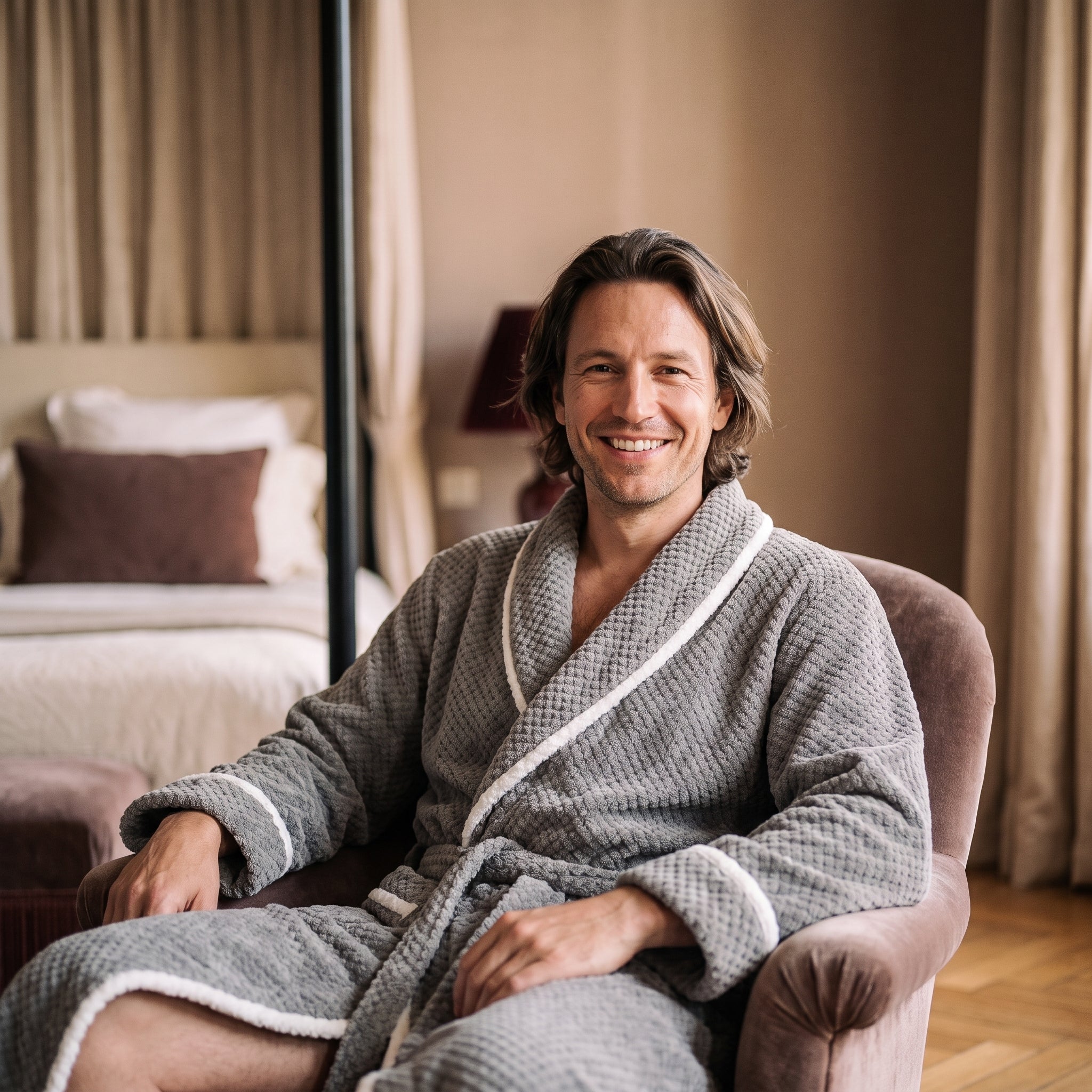 Homme souriant assis dans un fauteuil avec le peignoir gris à liserés blancs Image