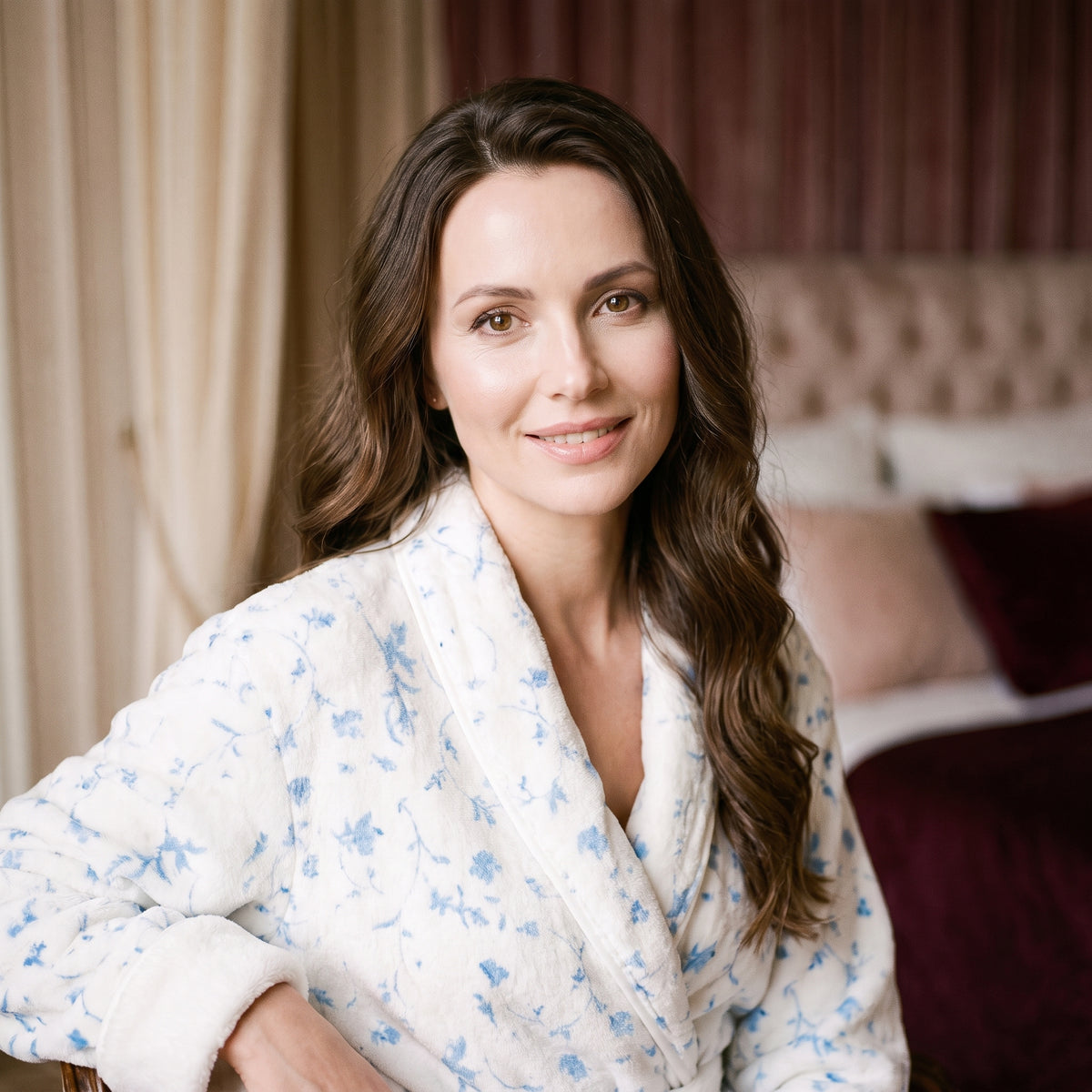 Femme souriante portant le peignoir spa floral bleu