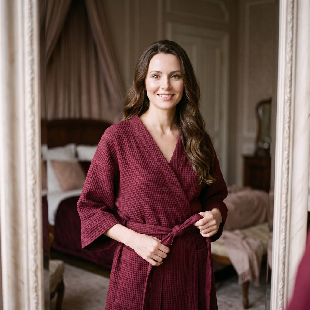 Femme nouant la ceinture du peignoir femme bordeaux gaufré devant un miroir