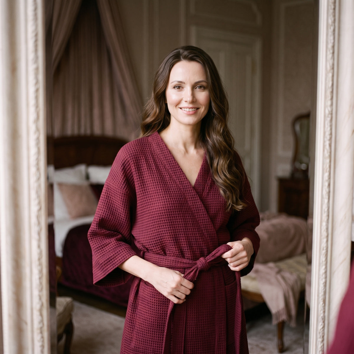 Femme nouant la ceinture du peignoir femme bordeaux gaufré devant un miroir
