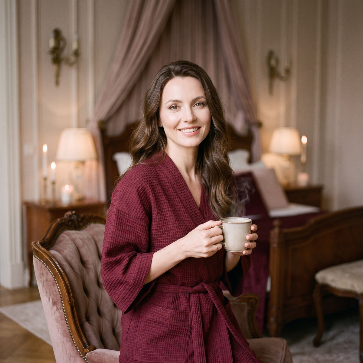 Femme souriante avec une tasse dans le peignoir spa bordeaux gaufré