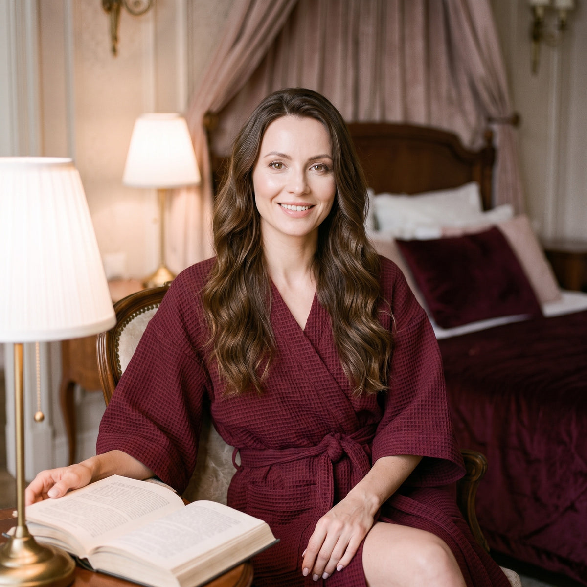 Femme lisant dans un boudoir avec le peignoir femme bordeaux gaufré