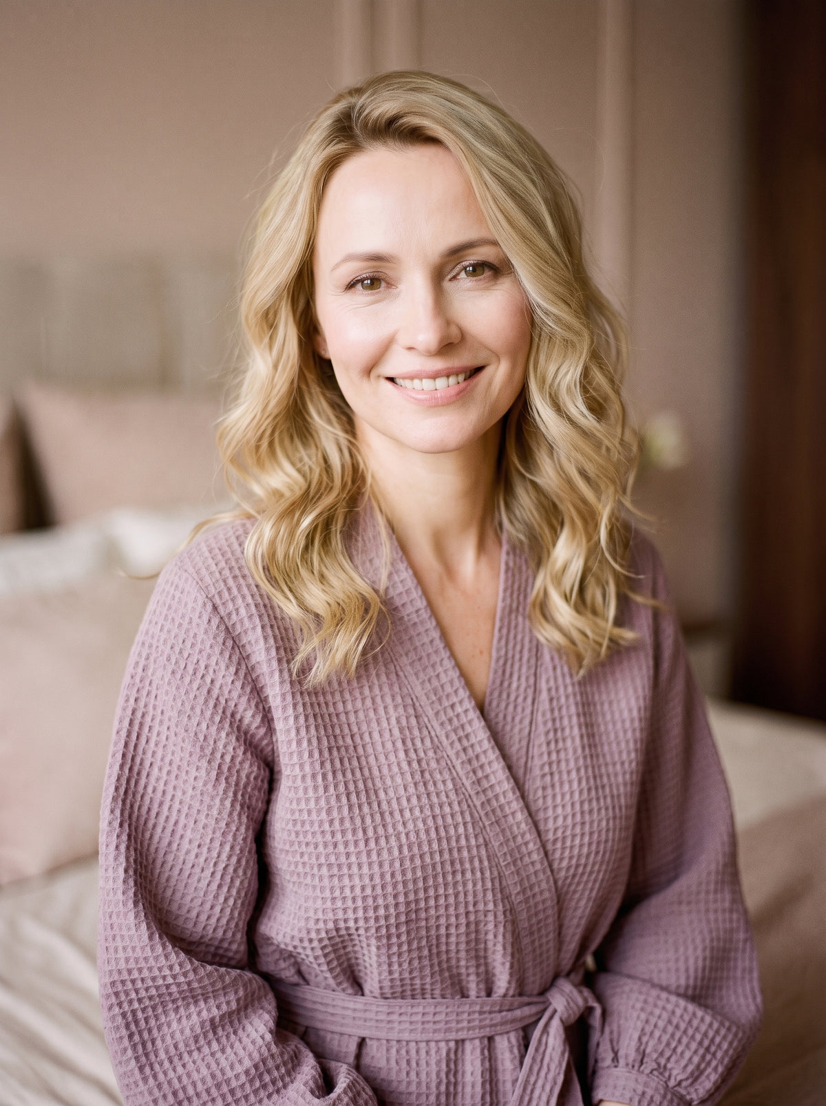 Portrait de la modèle blonde portant le peignoir spa violet mauve en coton gaufré, souriante, décor boudoir