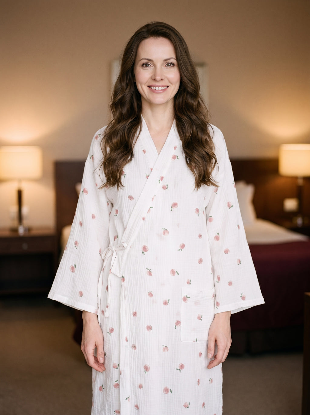 Femme souriante portant le peignoir kimono floral blanc dans un boudoir
