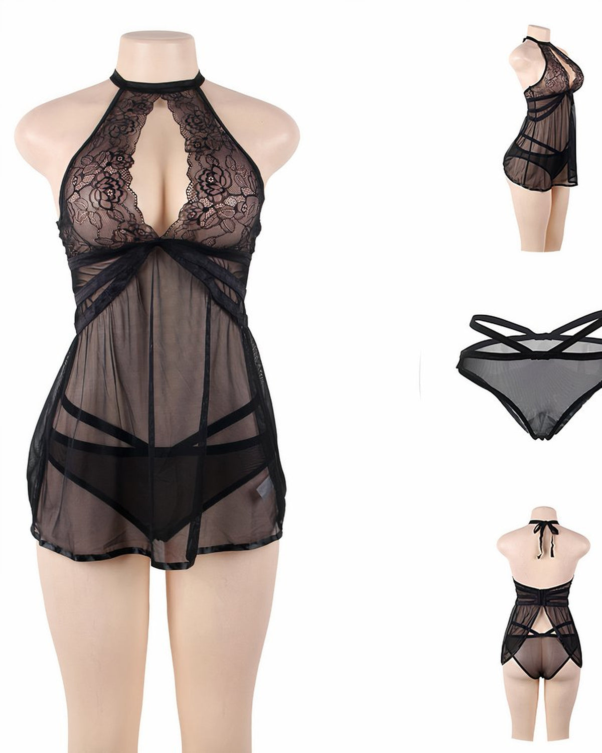 Planche produit de la nuisette grande taille noire : buste en dentelle, dos ouvert au tour de cou noué, culotte assortie et jupe en tulle transparent