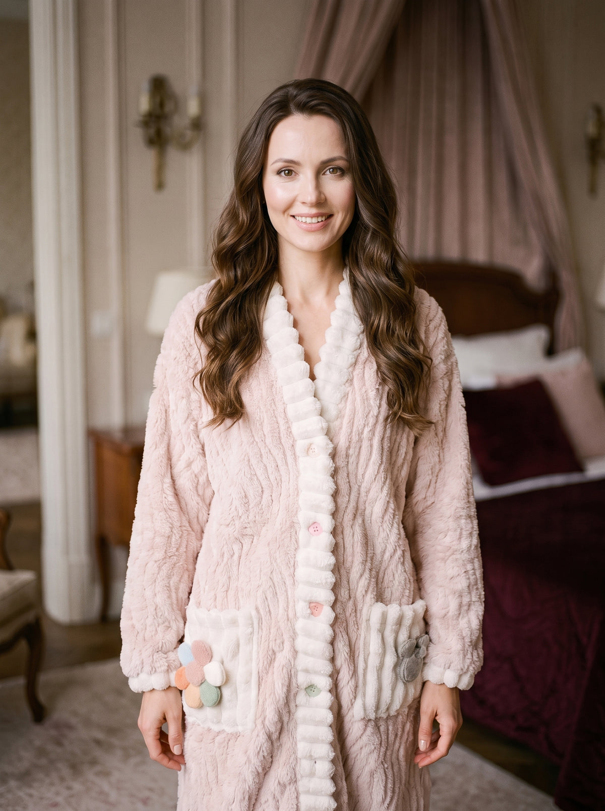 Modèle souriante portant la chemise de nuit polaire rose à boutons cœur, debout en boudoir