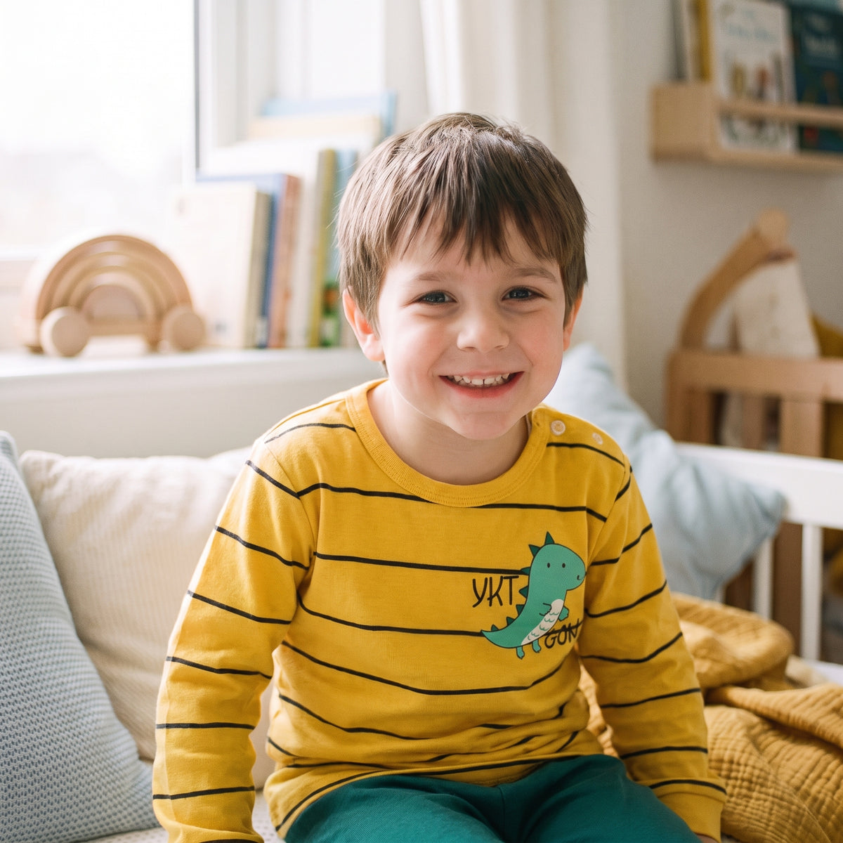 Enfant souriant dans son pyjama dinosaure à l'heure du coucher