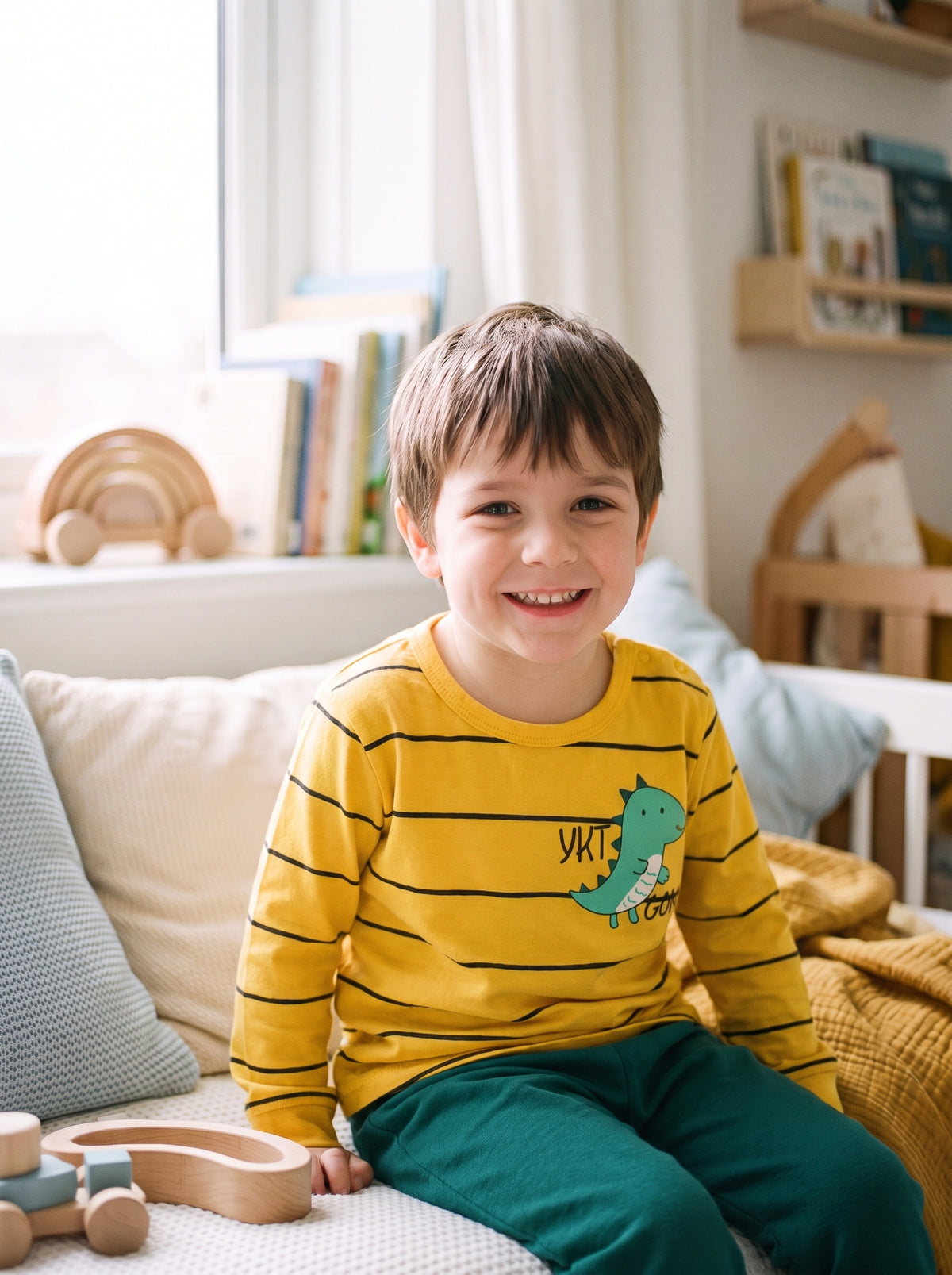 Petit garçon souriant portant son pyjama dinosaure, haut jaune rayé et pantalon vert, dans sa chambre