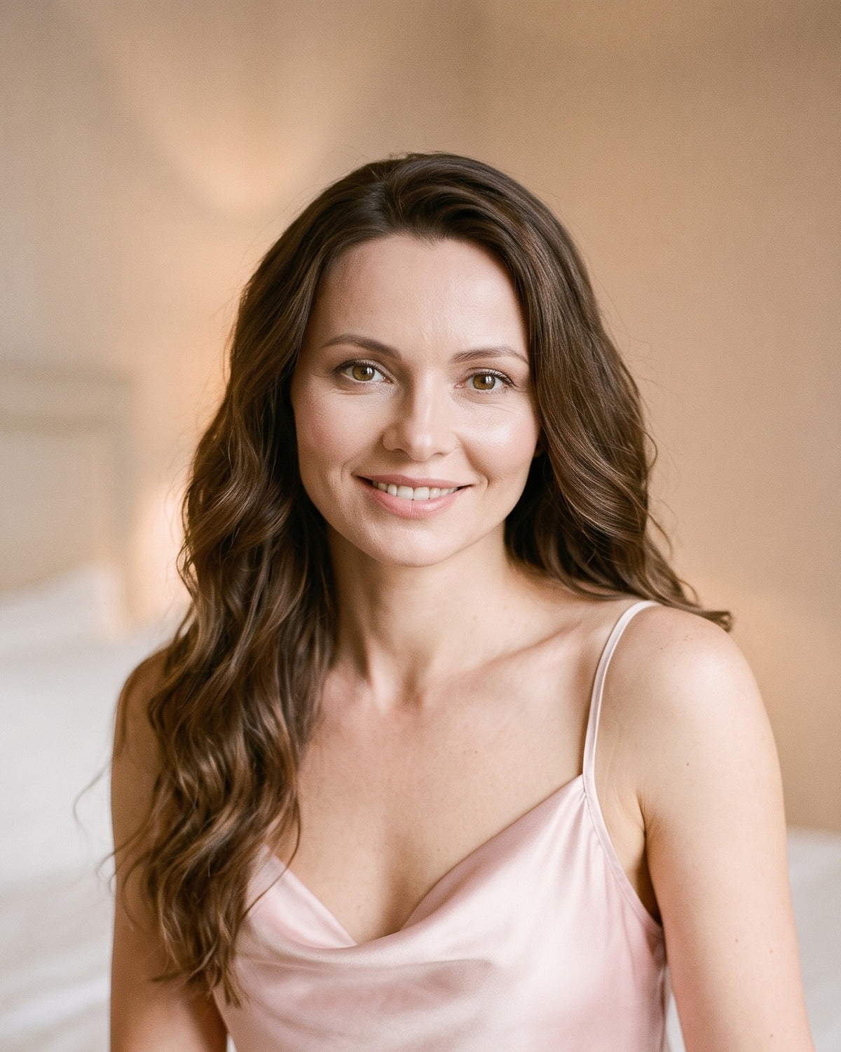 Seconde vue de la nuisette en satin rose, modèle souriante, décolleté drapé, décor boudoir